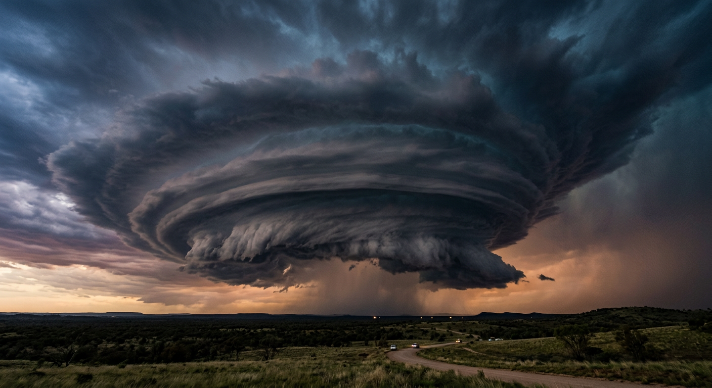 A visually striking, striated mesocyclone indicating intense rotation within a supercell thunderstorm.