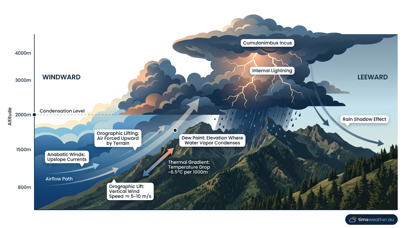 Severe thunderstorm development triggered by elevated terrain along a mountain range.