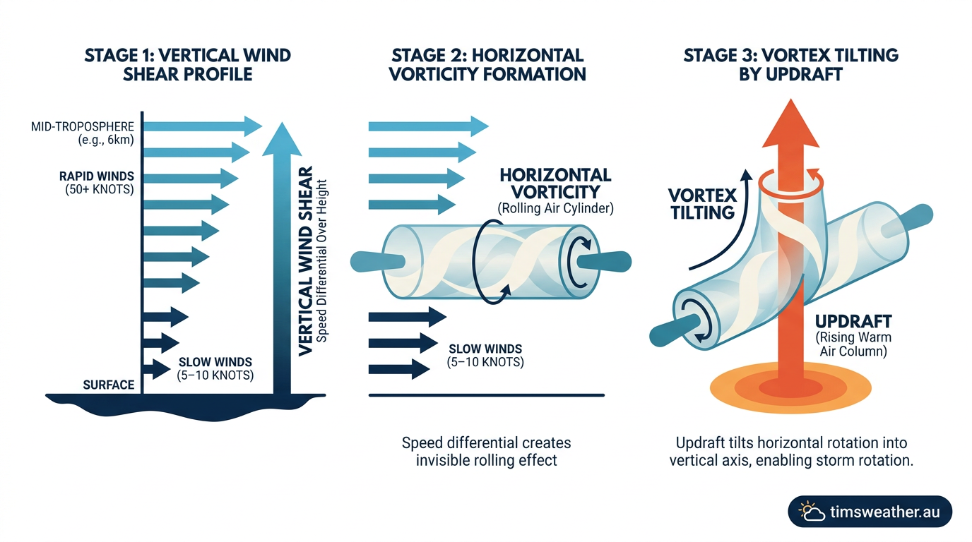 Diagram illustrating how vertical wind shear creates horizontal vorticity that is tilted vertically by an updraft.