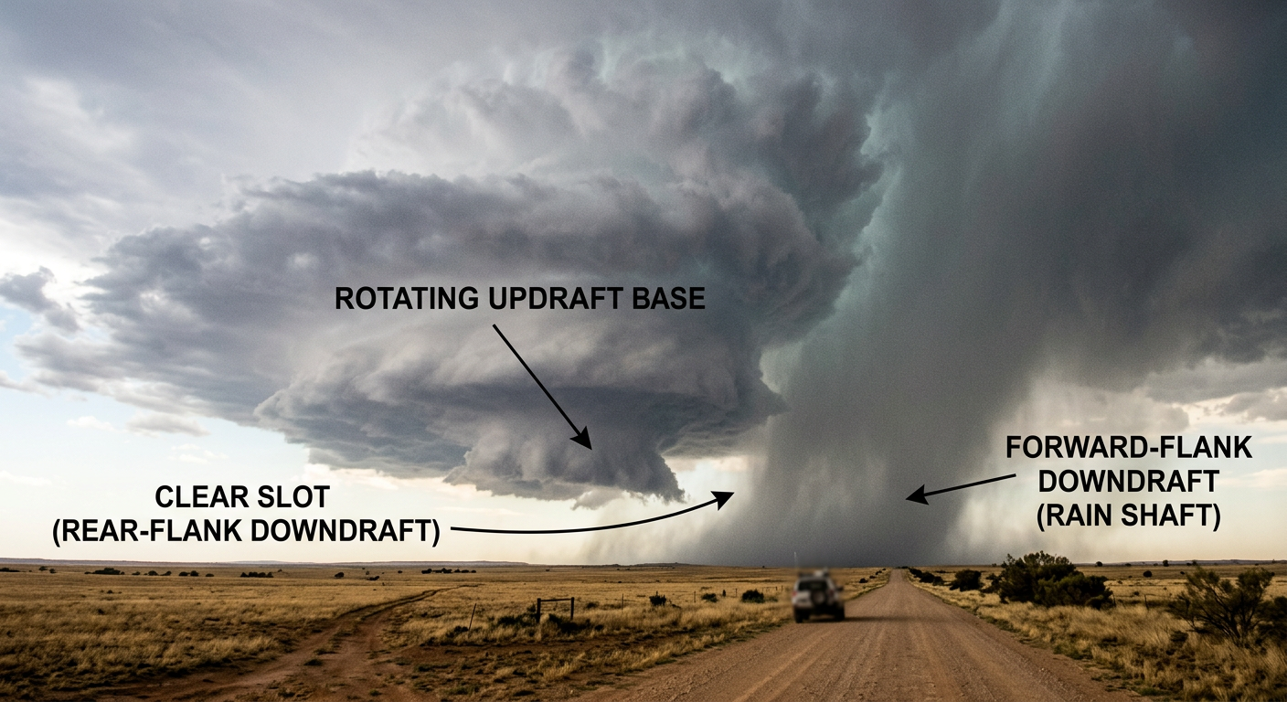 Annotated photograph of a supercell thunderstorm showing the mesocyclone and rear-flank downdraft structure.