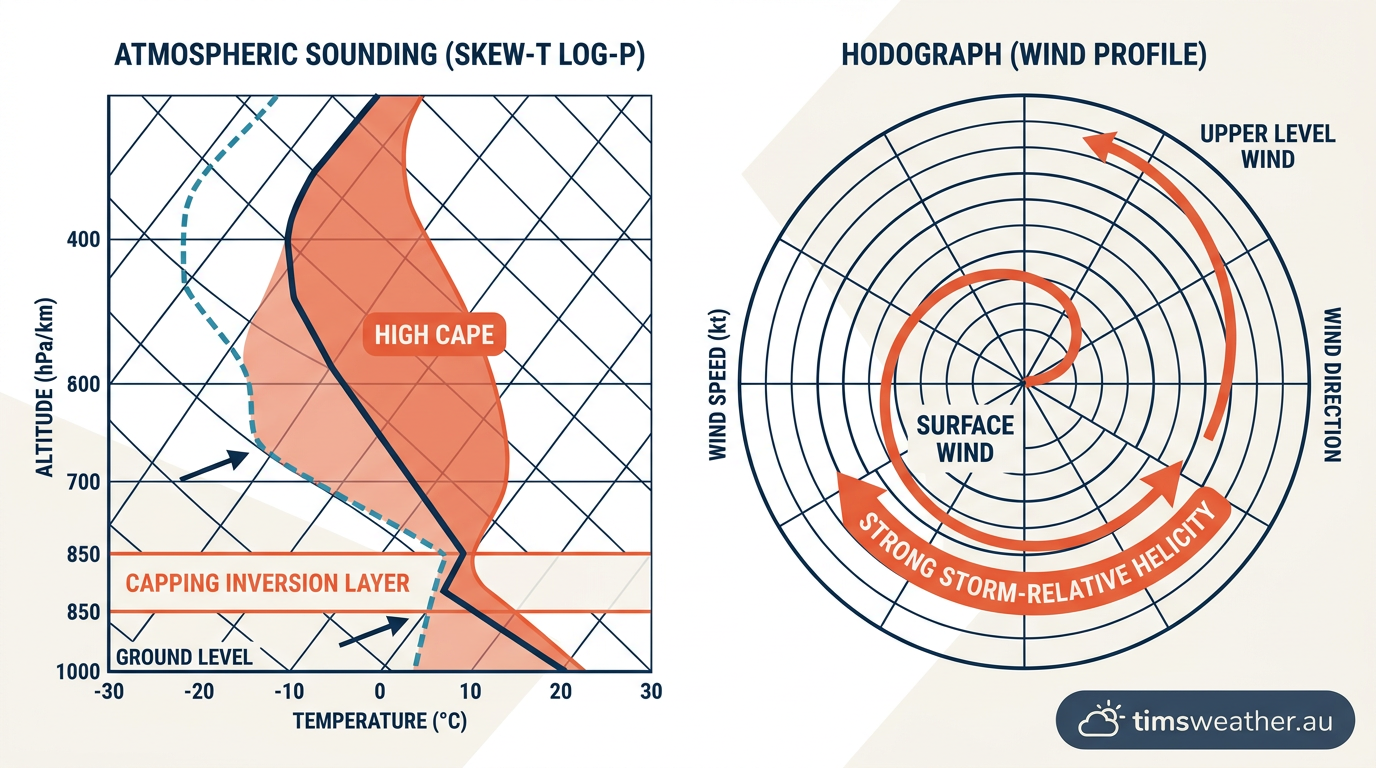 Infographic showing a weather sounding and curved hodograph indicating high CAPE and wind shear for supercell tornado formation.