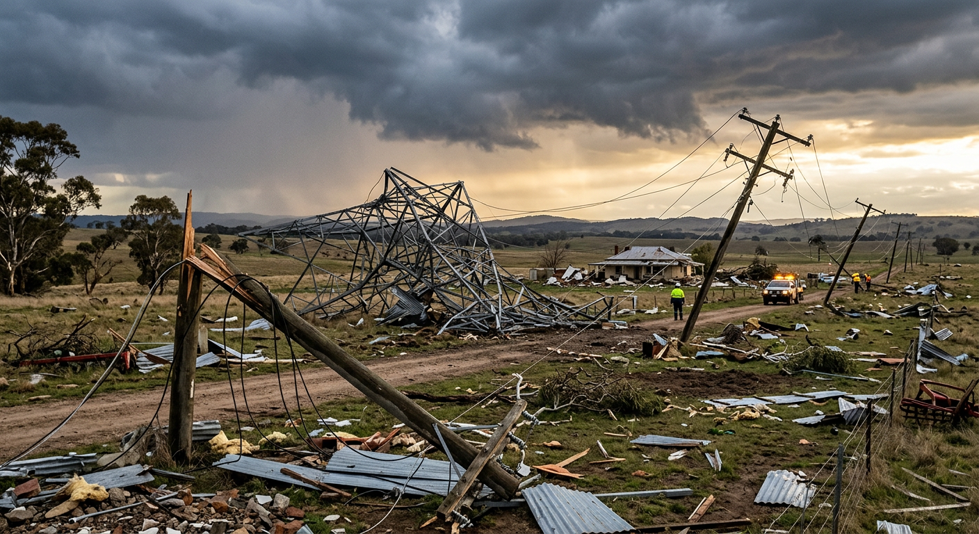 Storm damage and snapped power poles following a severe tornado event.