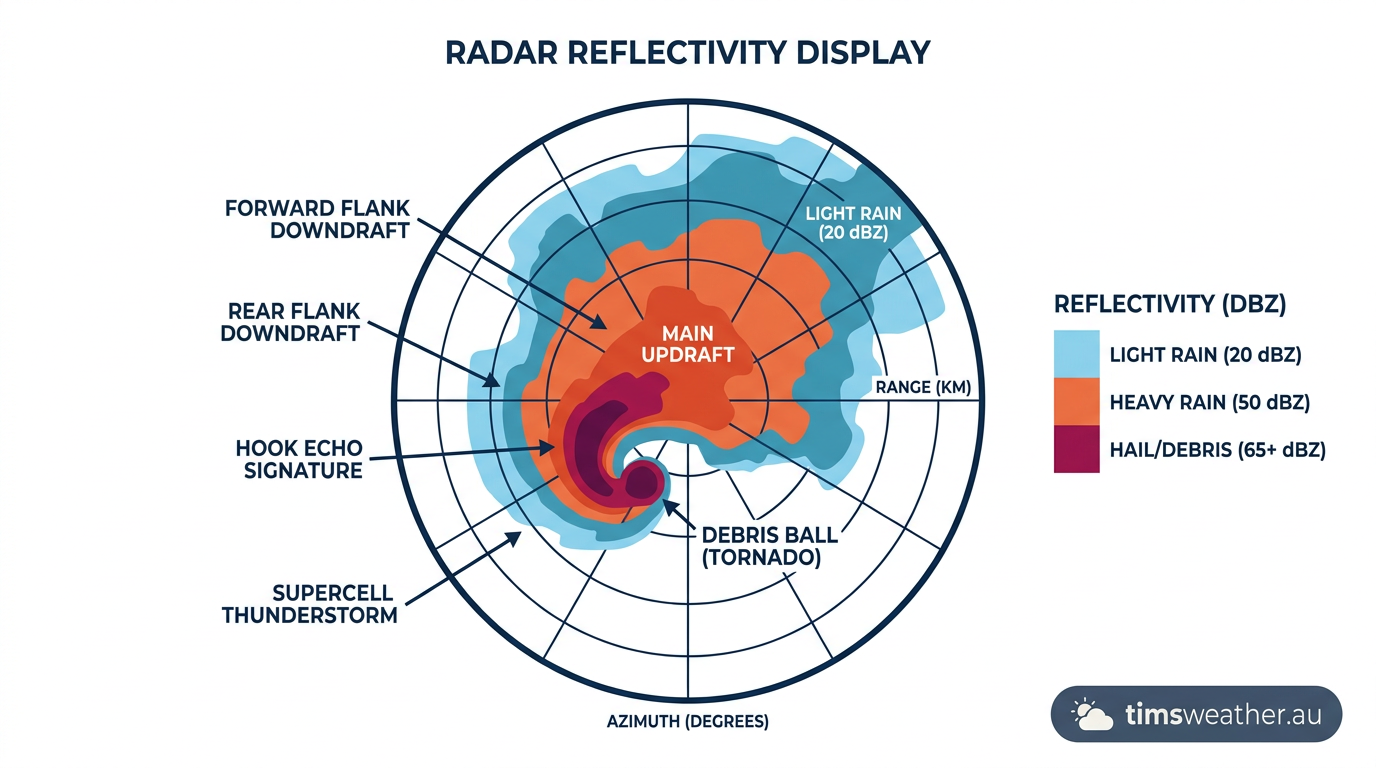 Doppler radar reflectivity image showing a classic hook echo and debris ball signature indicative of a tornado.