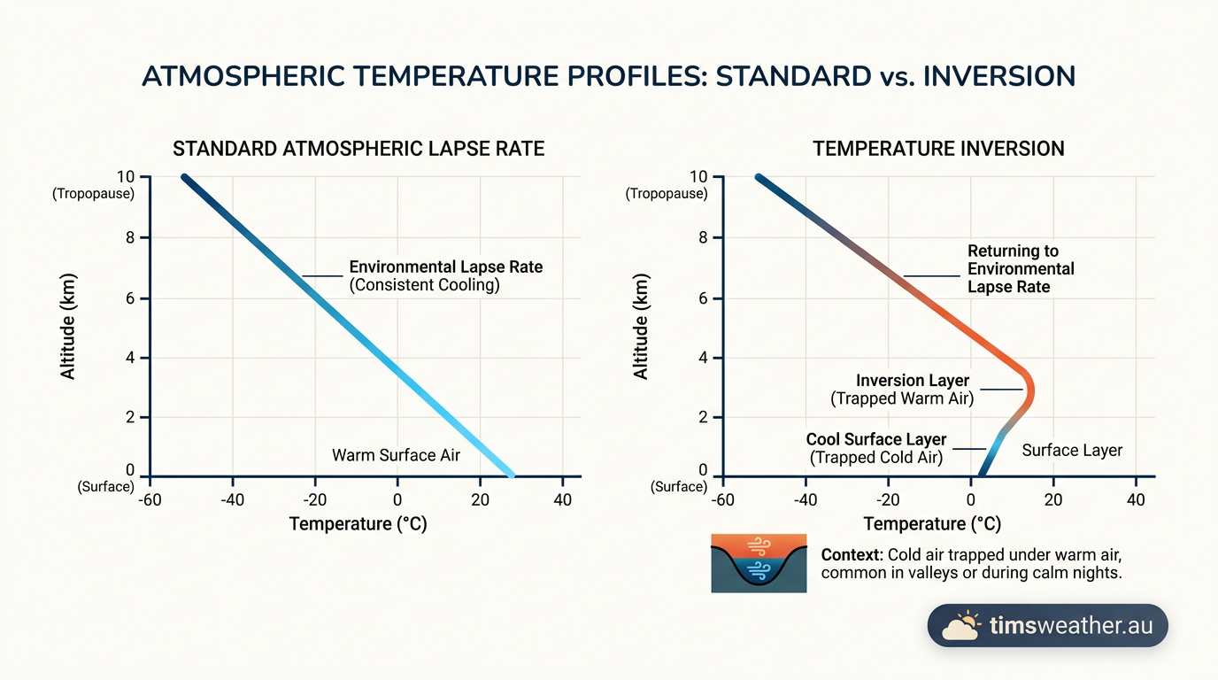 Diagram comparing standard environmental lapse rate with a temperature inversion profile.