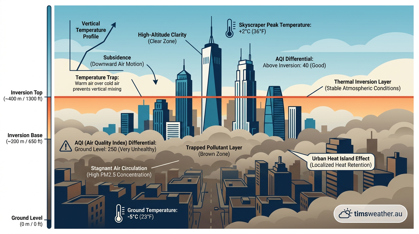 Urban skyline showing a flat layer of trapped smog caused by a temperature inversion.