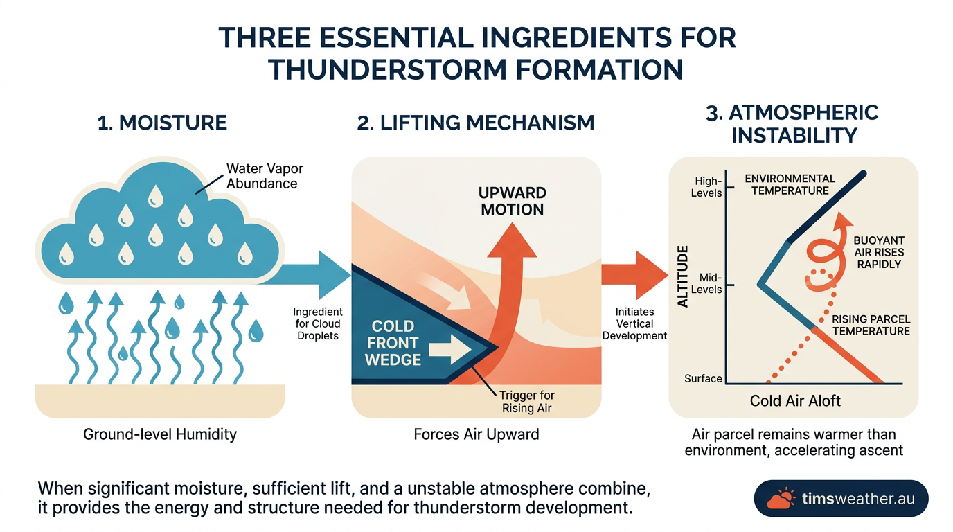 Infographic showing the three core ingredients for how thunderstorms form: moisture, lift and instability.