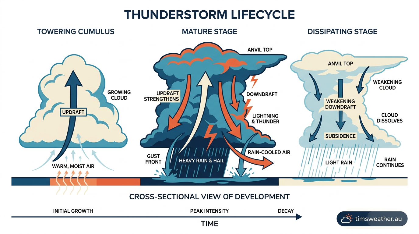 Cross-section showing the towering cumulus, mature and dissipating stages of a thunderstorm.