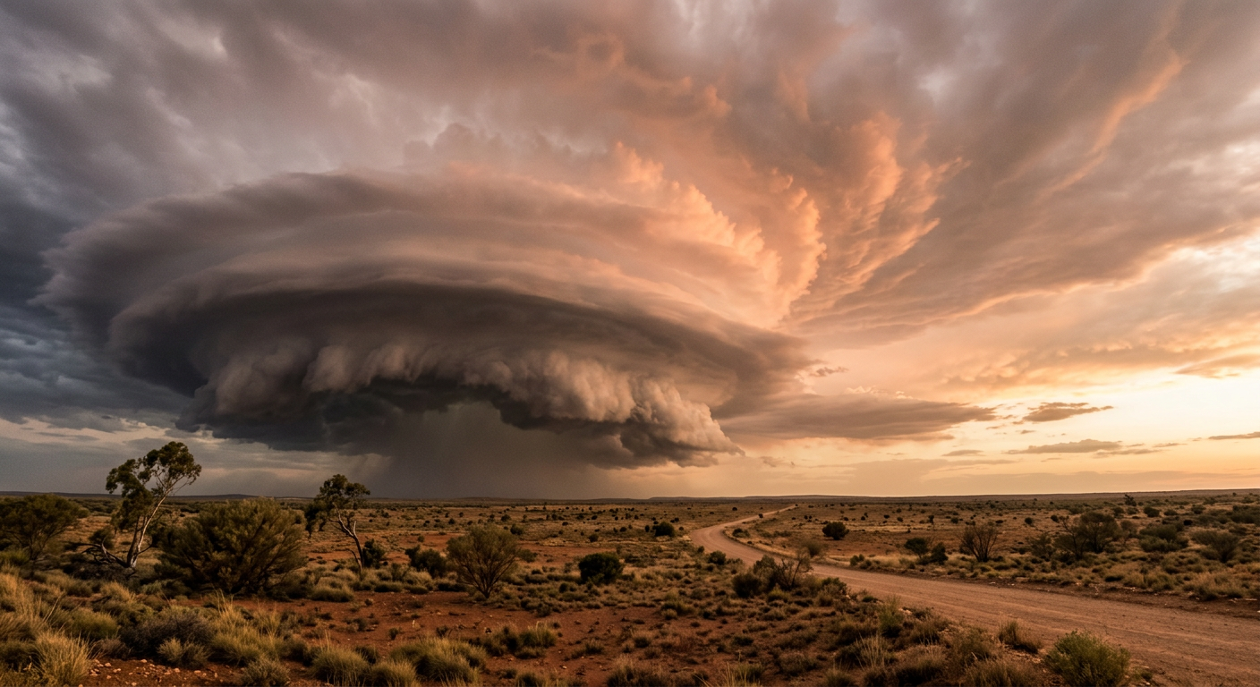 A severe supercell thunderstorm looming over the plains, demonstrating complex wind shear.