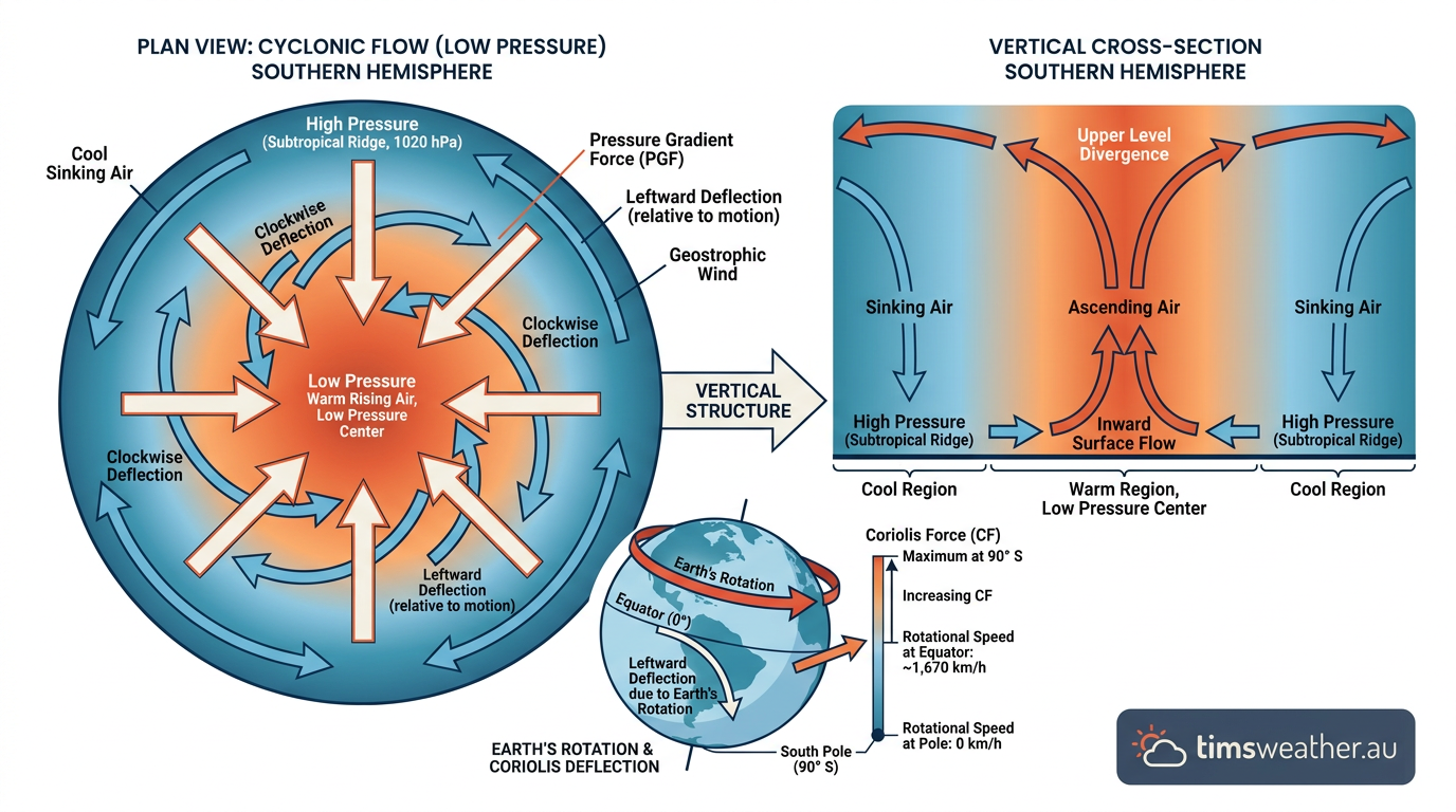 Illustration detailing the Coriolis effect and its role in tropical cyclone development.