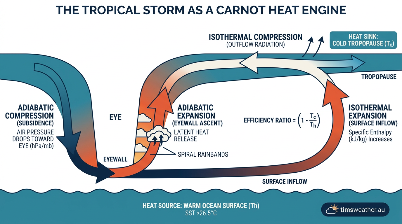 Infographic showing how latent heat release and convection currents drive tropical cyclone formation.