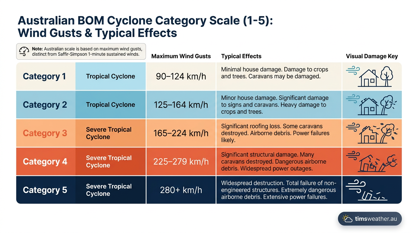 Chart comparing Australian Bureau of Meteorology cyclone categories and their corresponding wind speeds.