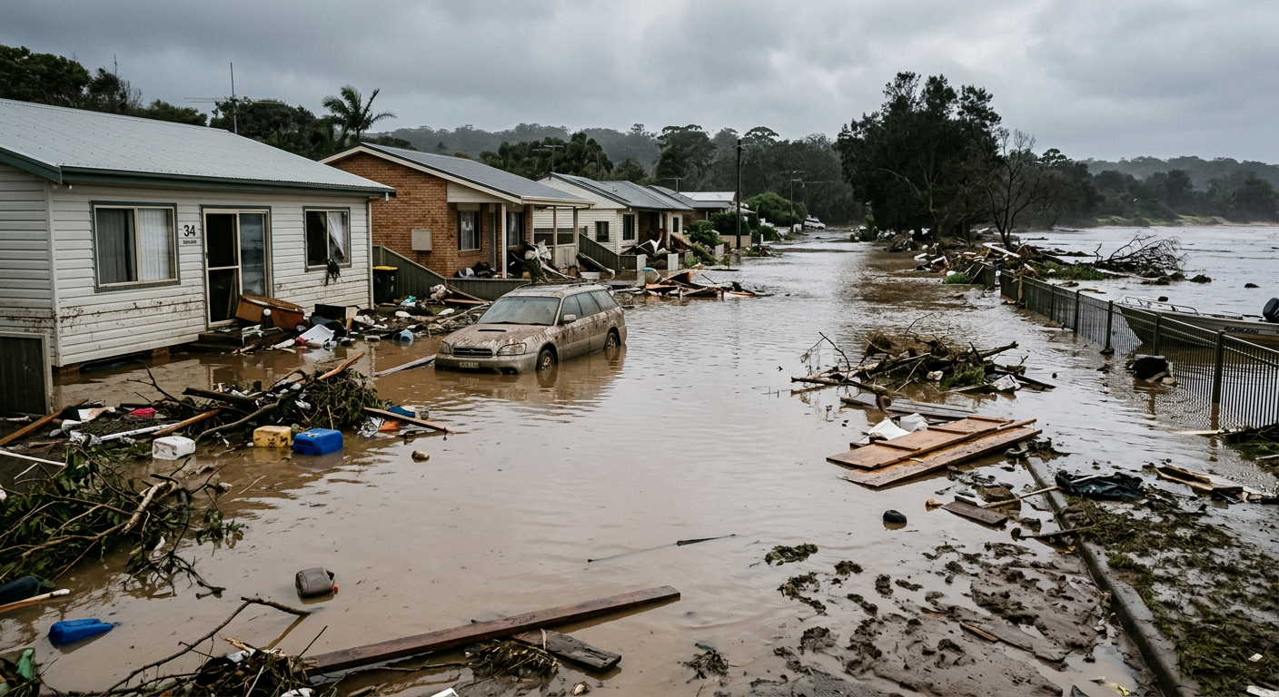 Severe flooding and structural damage in a coastal neighbourhood following a powerful storm surge.
