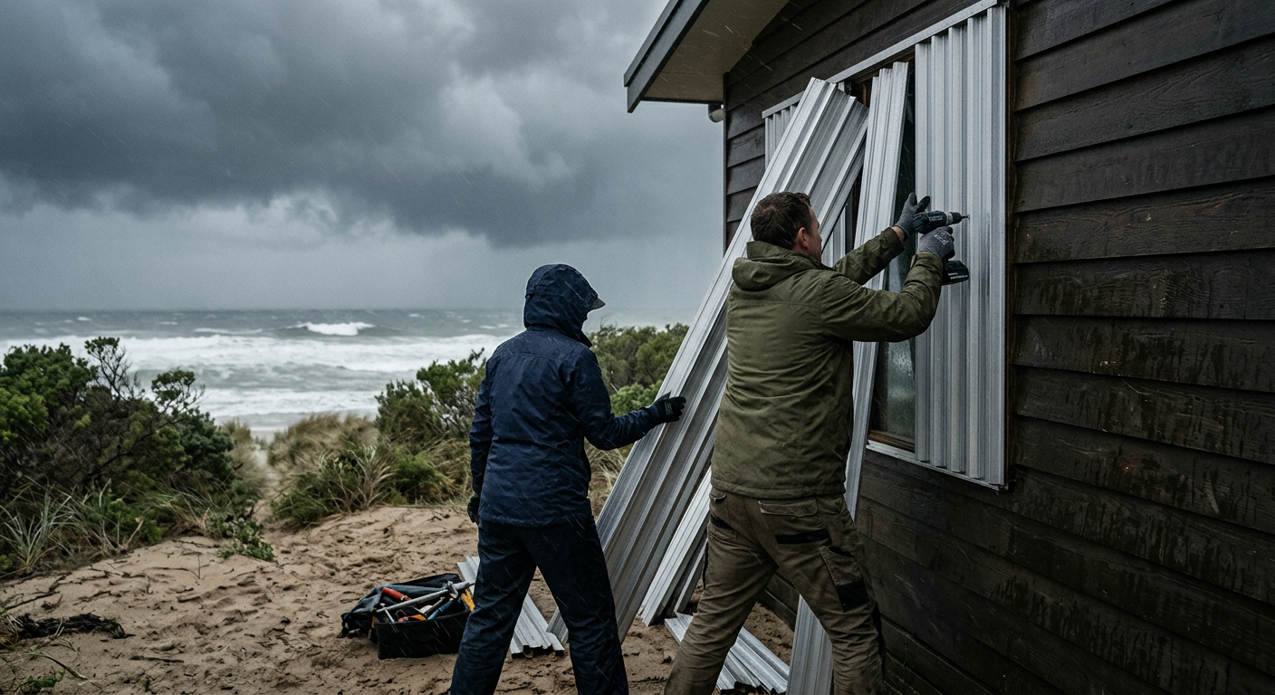 People preparing their home with strong shutters ahead of an approaching severe weather system.