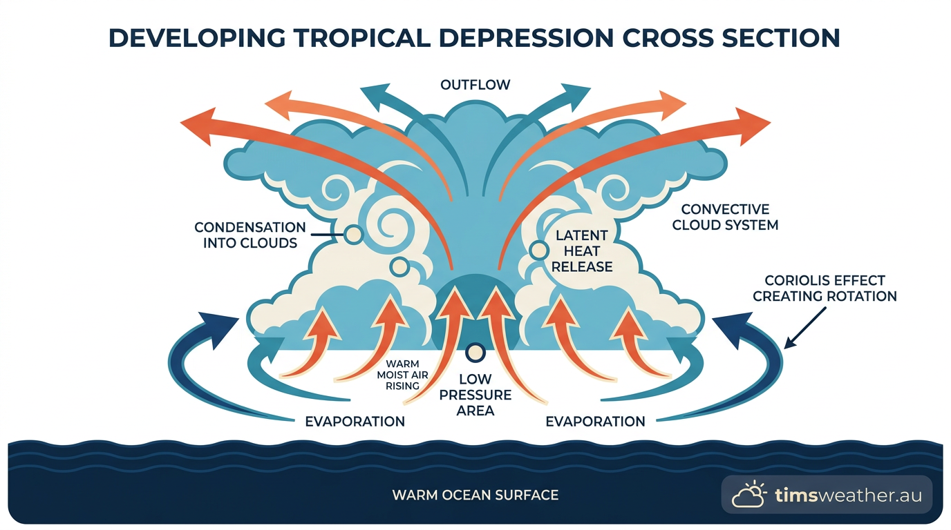 Diagram explaining how do tropical depressions form with warm sea surface temperatures and the Coriolis effect.
