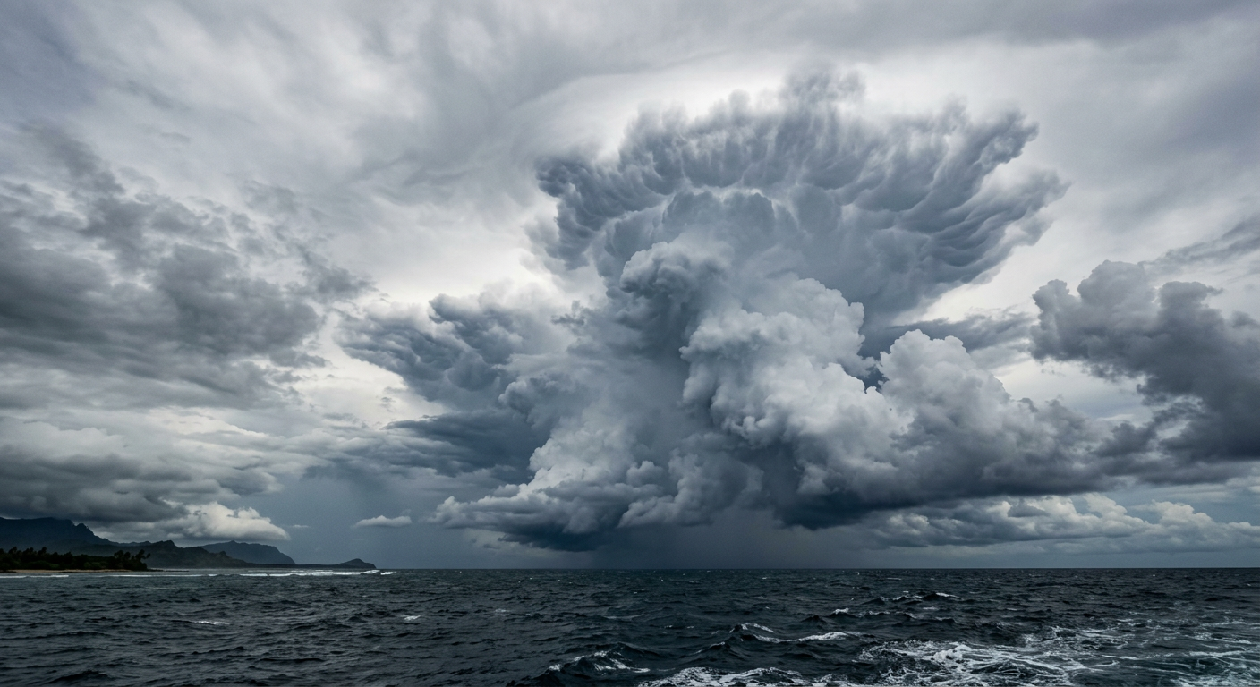 A disorganised cluster of thunderstorms over the ocean during the early stages of a developing tropical low.