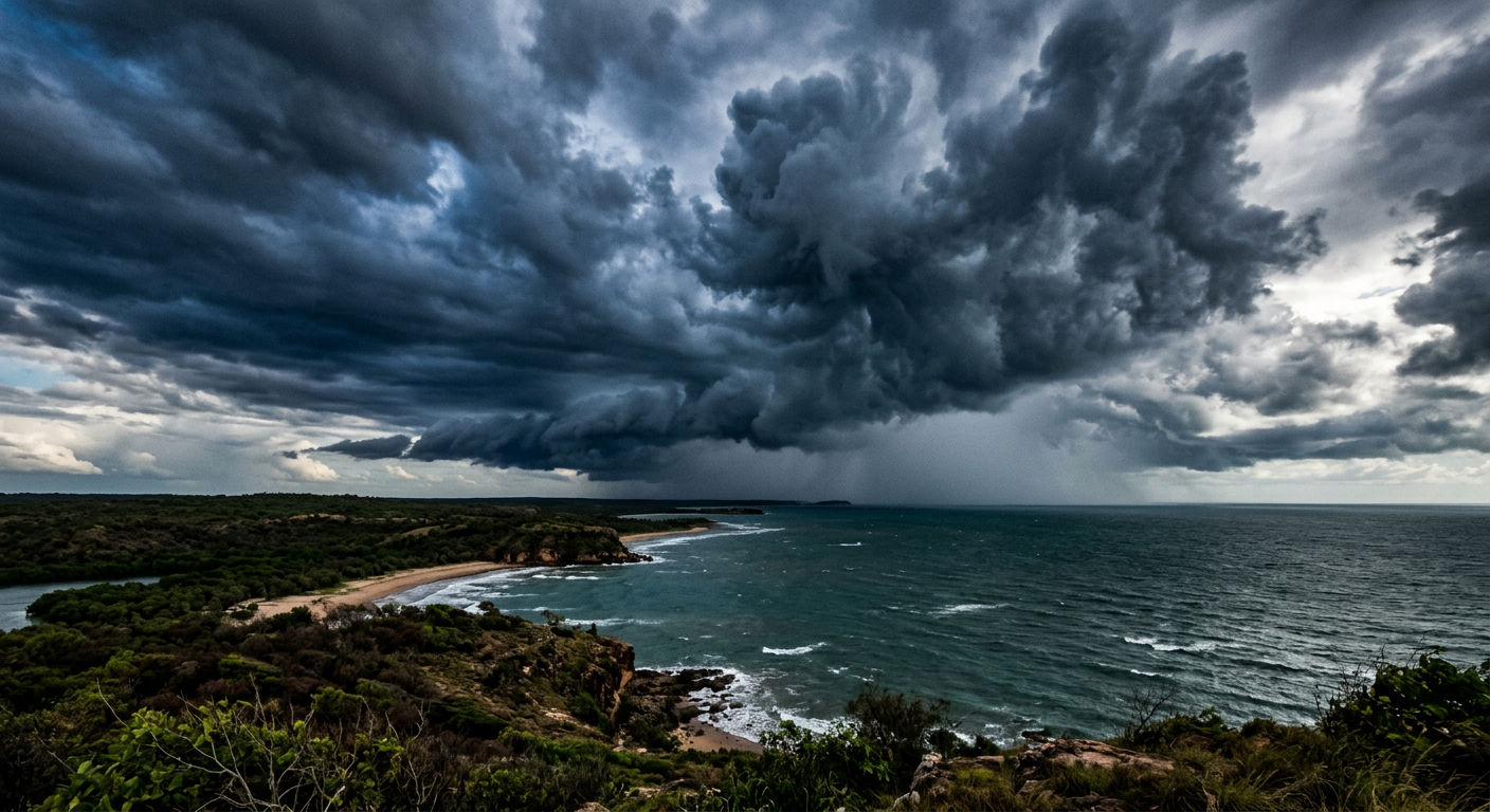 Heavy monsoon clouds over northern Australian waters where tropical depressions frequently form.