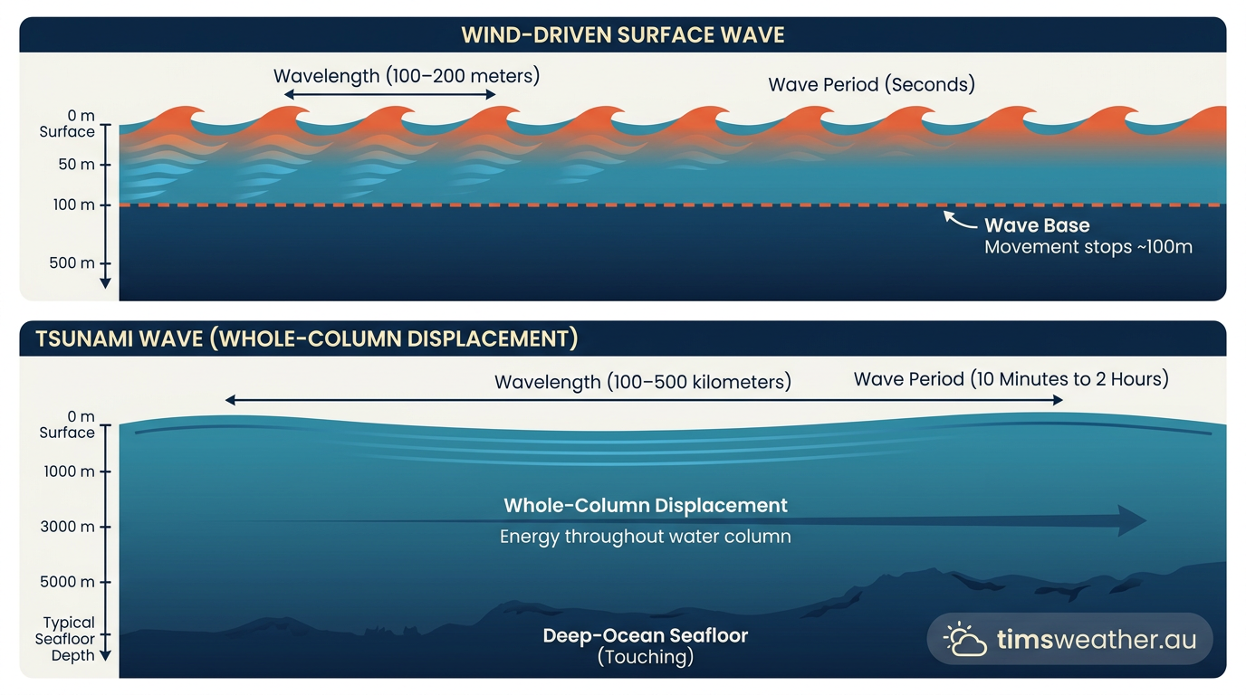 Diagram comparing the shallow penetration of wind waves to the full water column displacement of tsunami waves.