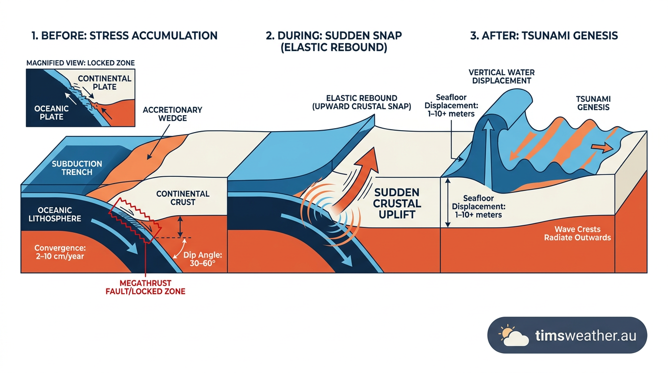 Illustration of a megathrust earthquake at a subduction zone pushing the ocean floor upward.