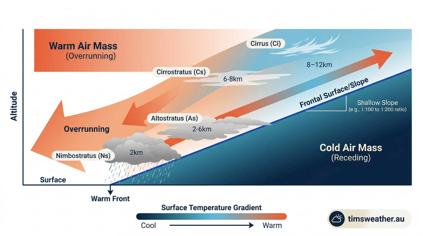 Diagram explaining how do warm fronts form, showing warm air gliding over cold air.