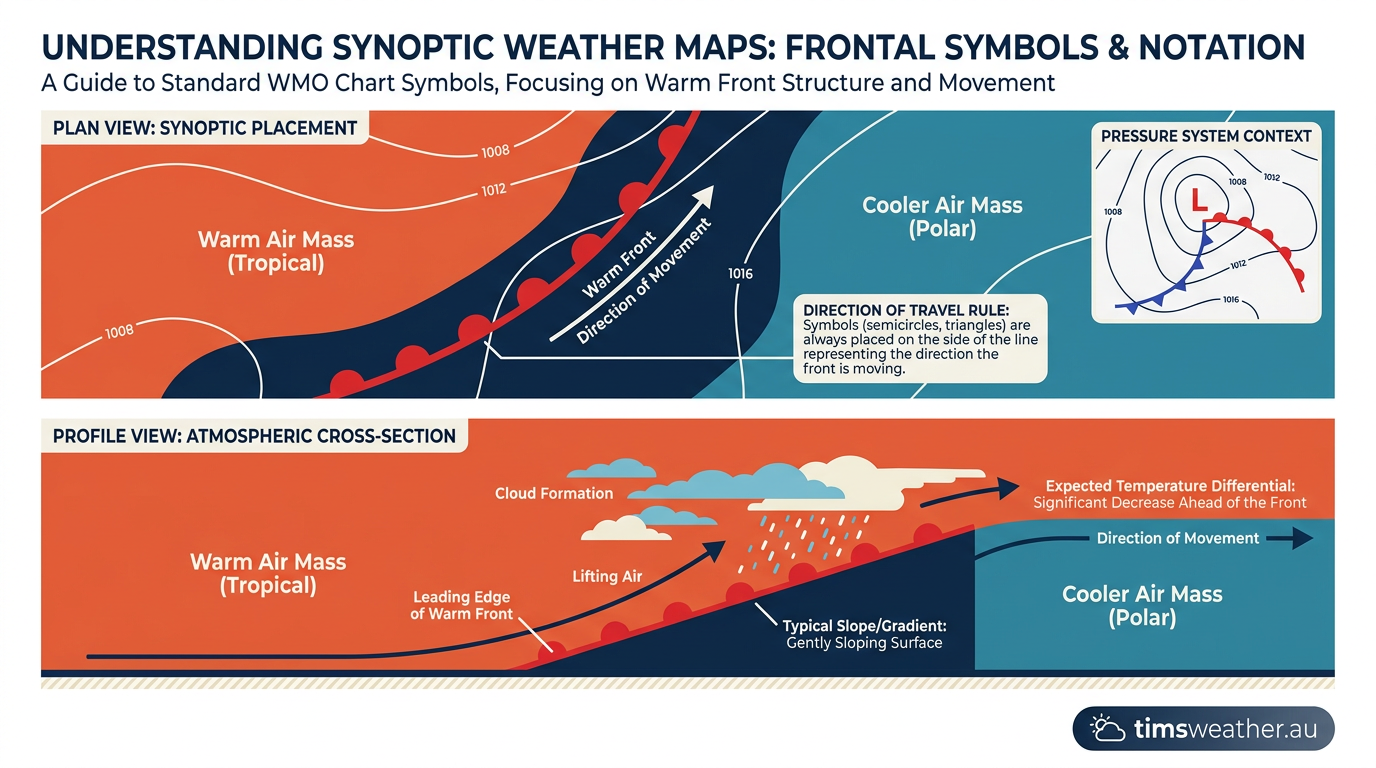 Weather map infographic showing the red line and semicircles that identify how do warm fronts form.