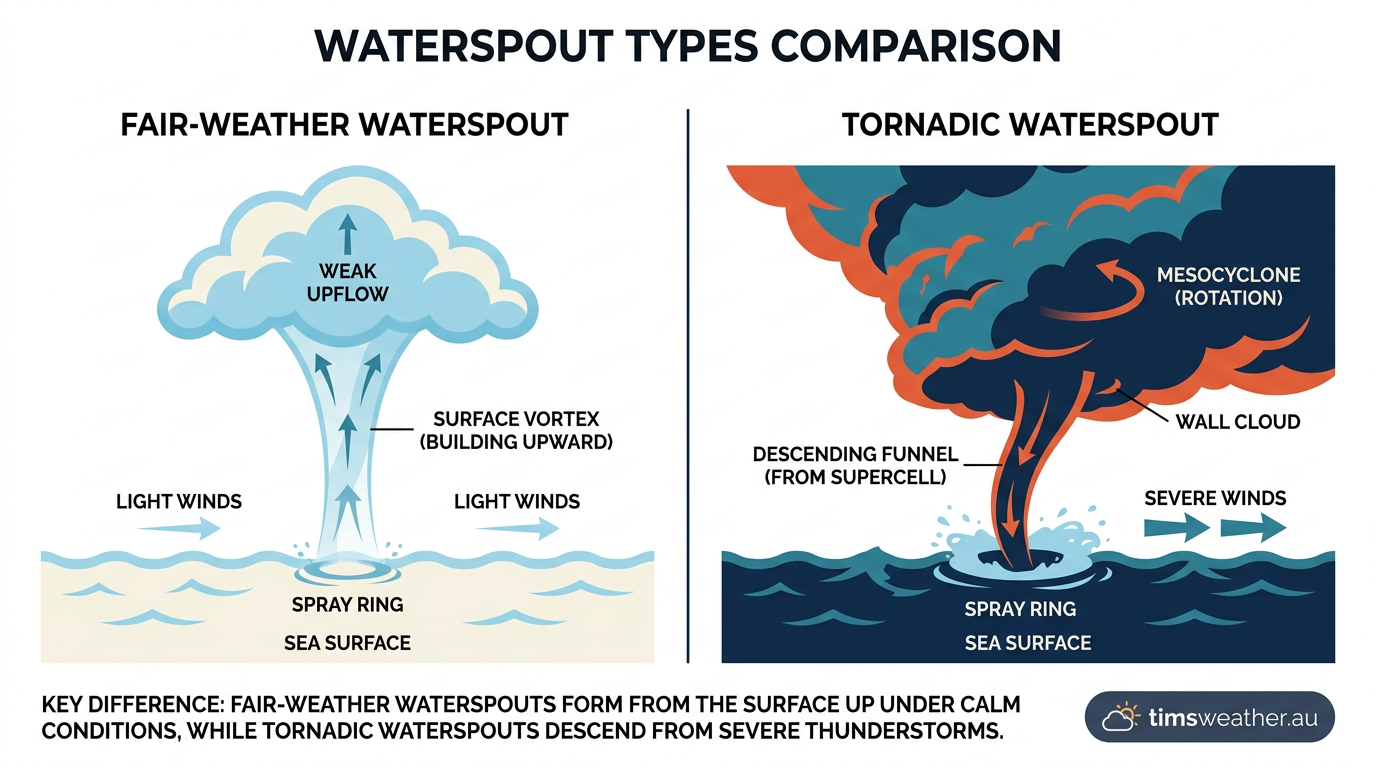 Diagram explaining how do waterspouts form, comparing fair-weather and tornadic types.