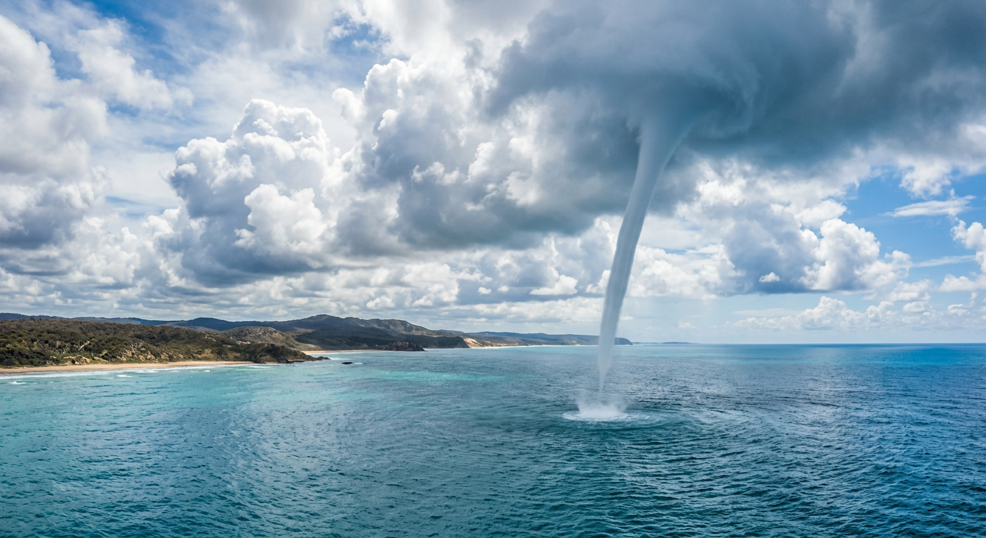 A mature fair-weather waterspout stretching from the ocean up to a cumulus cloud in Australian coastal waters.