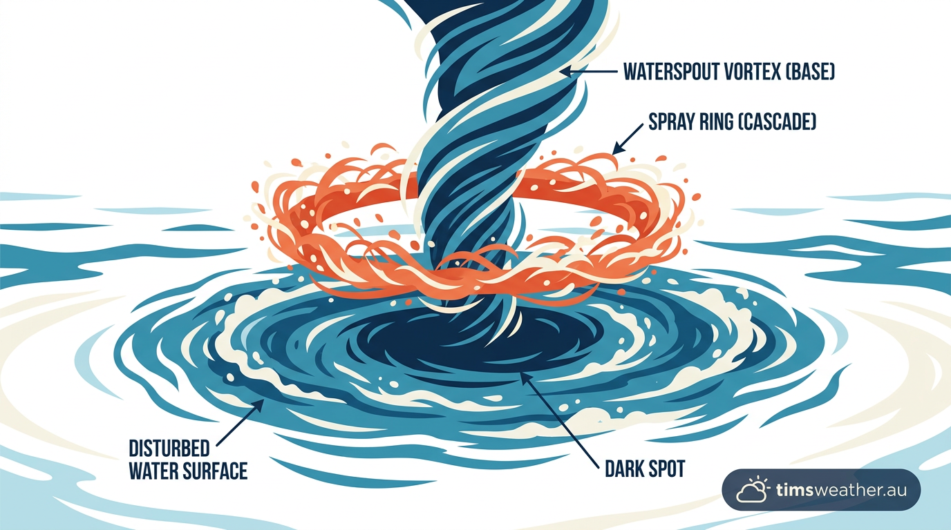 The spray ring and dark spot at the base of a waterspout churning the ocean surface.