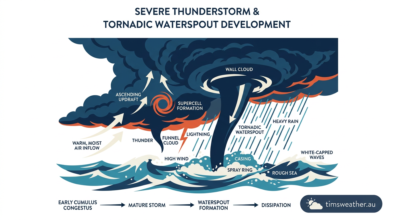 A massive tornadic waterspout dropping from a severe thunderstorm over a rough ocean.