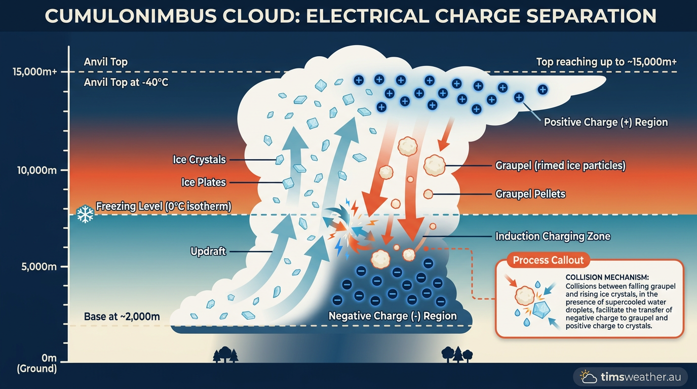 Diagram of electrostatic charge separation through ice crystal collisions in a cumulonimbus cloud.