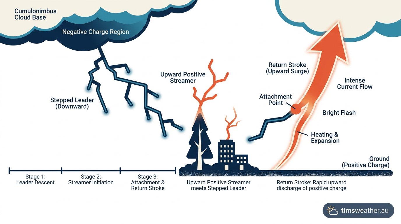 Step-by-step diagram detailing the leader-streamer junction and subsequent return stroke.
