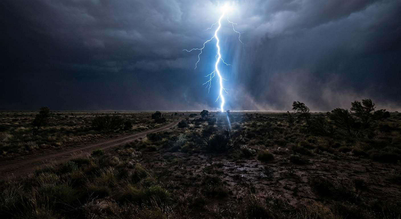 A powerful cloud-to-ground lightning strike releasing extreme energy and heat into the surrounding air.