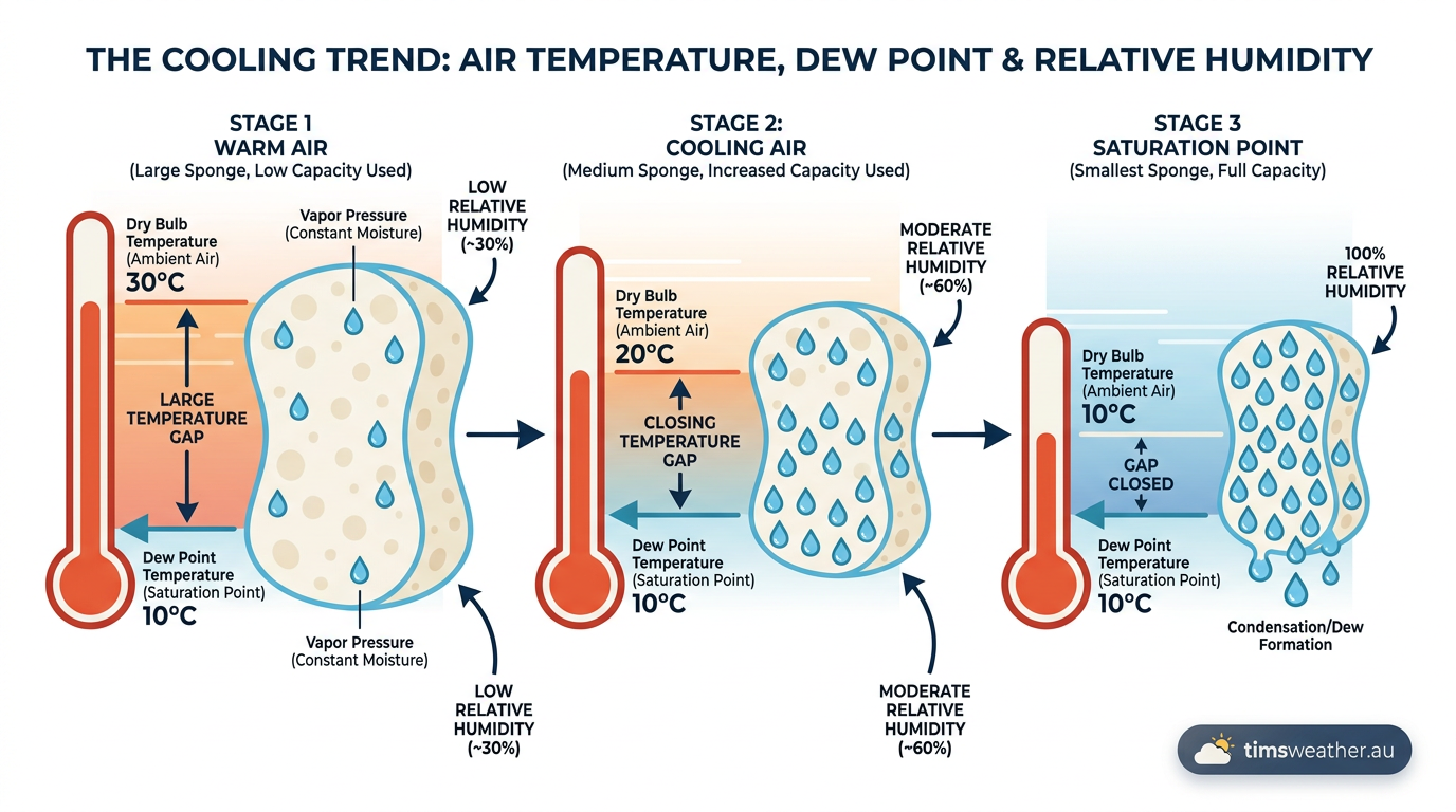 Diagram comparing dew point temperature to relative humidity levels