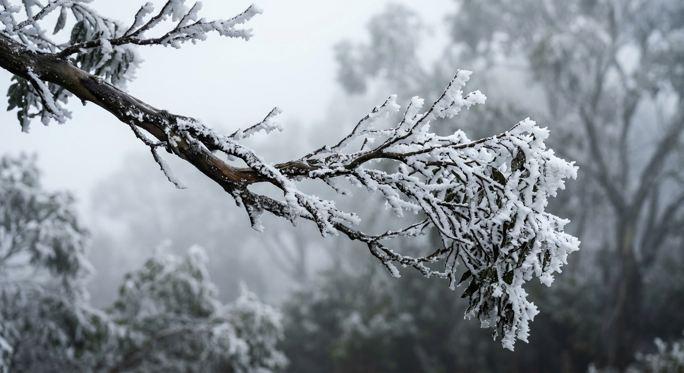 Tree branches covered in white rime ice caused by freezing fog
