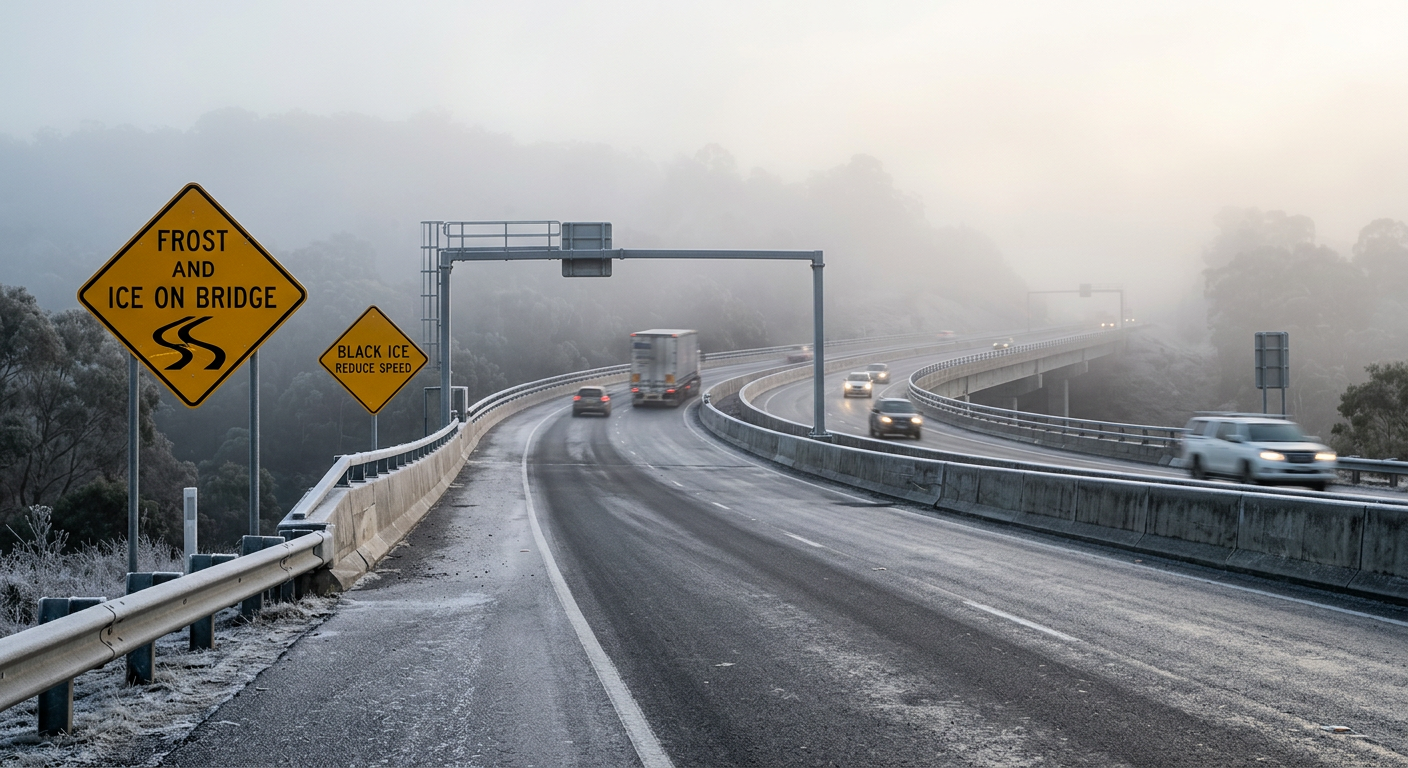 Reduced visibility on a winter road showing the driving hazards of freezing fog