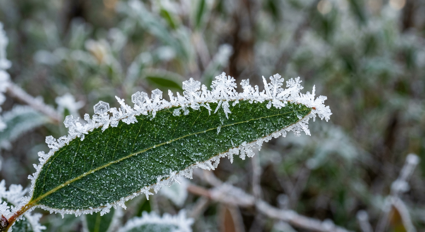 Close-up macro photo showing ice crystals forming frost on a green leaf.