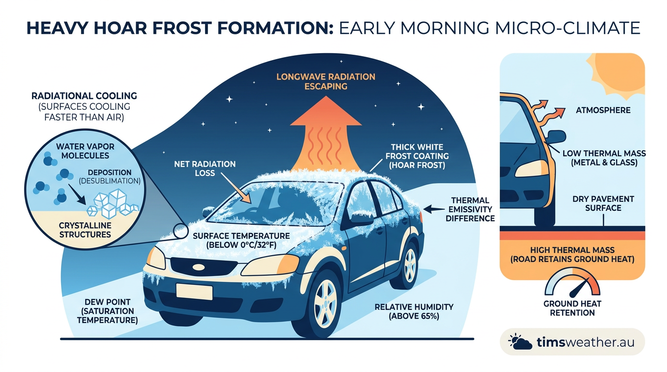 A thick layer of white frost covers the glass windshield and metal roof of a parked car on a dry morning.