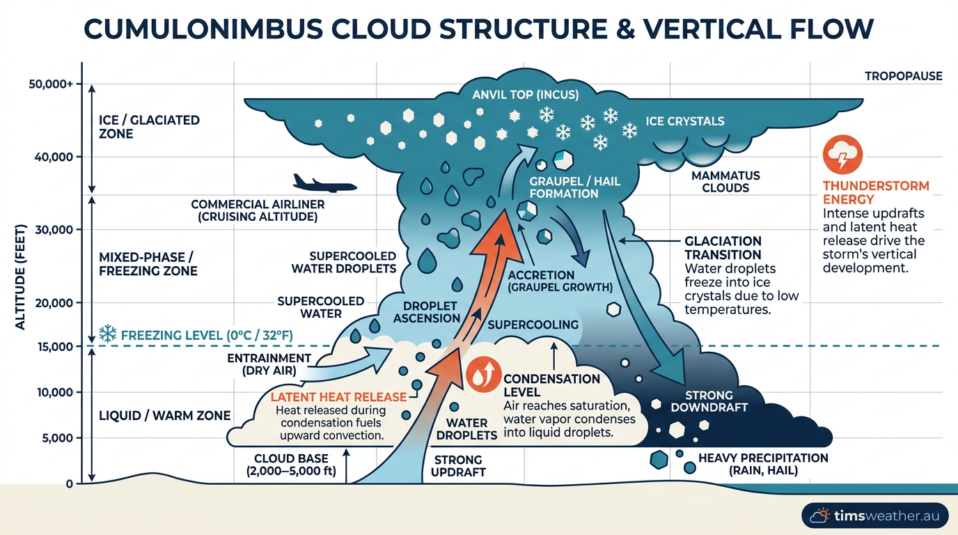 Diagram explaining how does hail form with updrafts and freezing levels.
