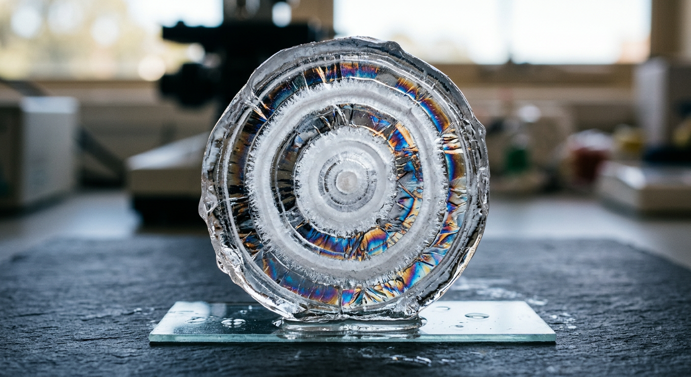 A hailstone cross-section showing distinct wet and dry growth ice layers.
