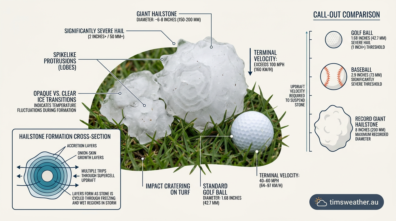 Giant hailstones next to a golf ball demonstrating extreme storm updraft strength.