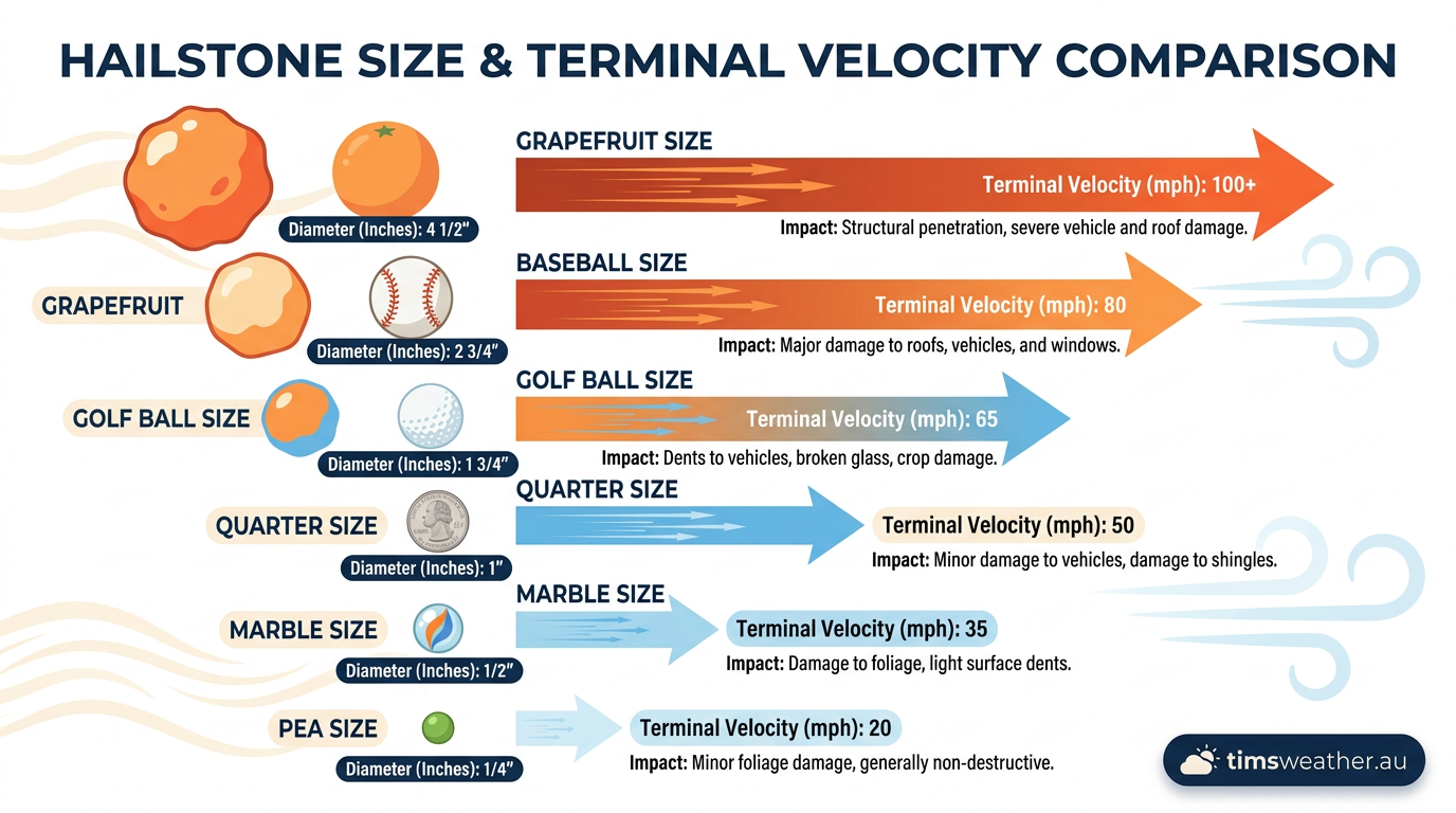 Chart comparing hailstone diameters and falling speeds.