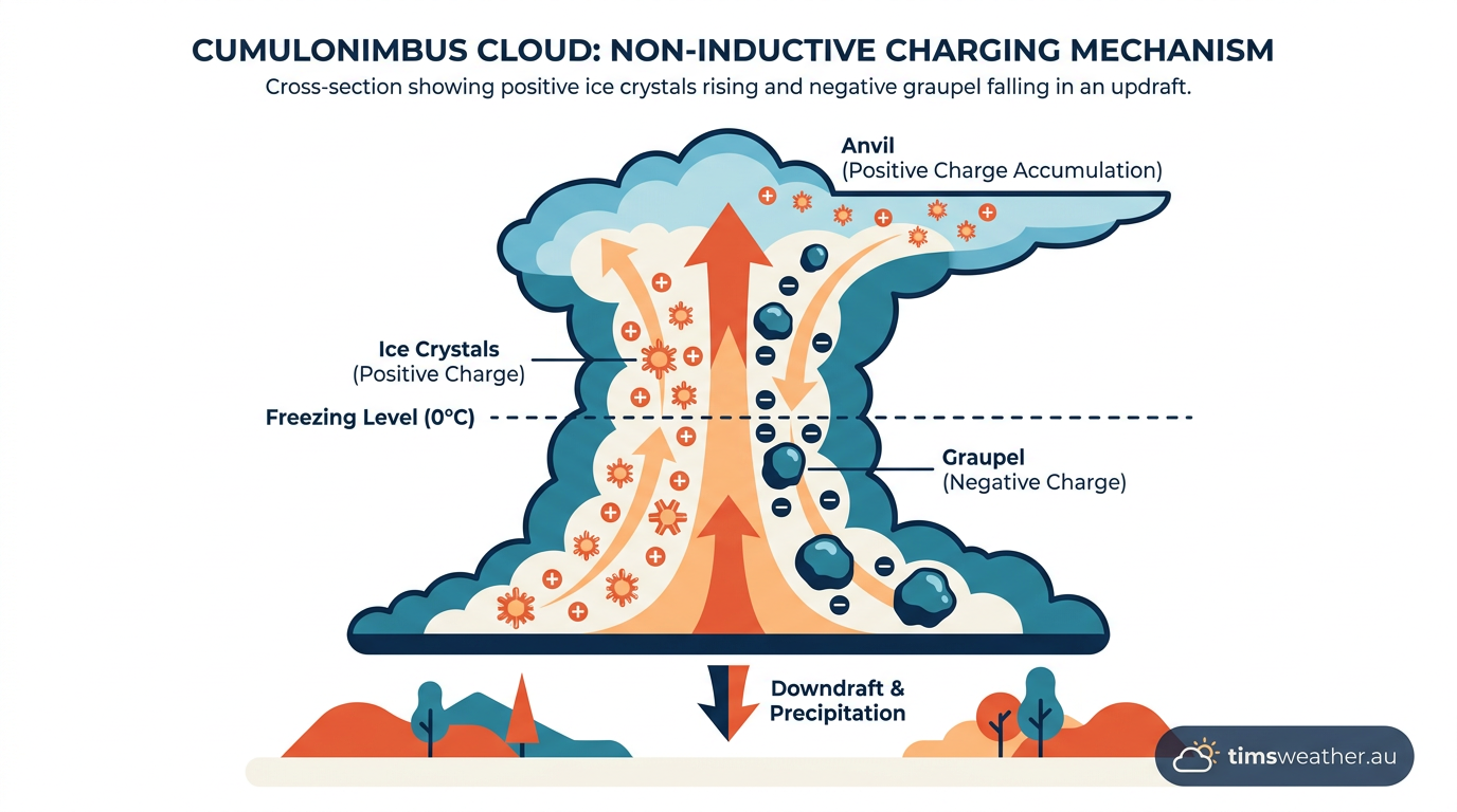 Diagram illustrating how does intra-cloud lightning form via charge separation with ice crystals and graupel.