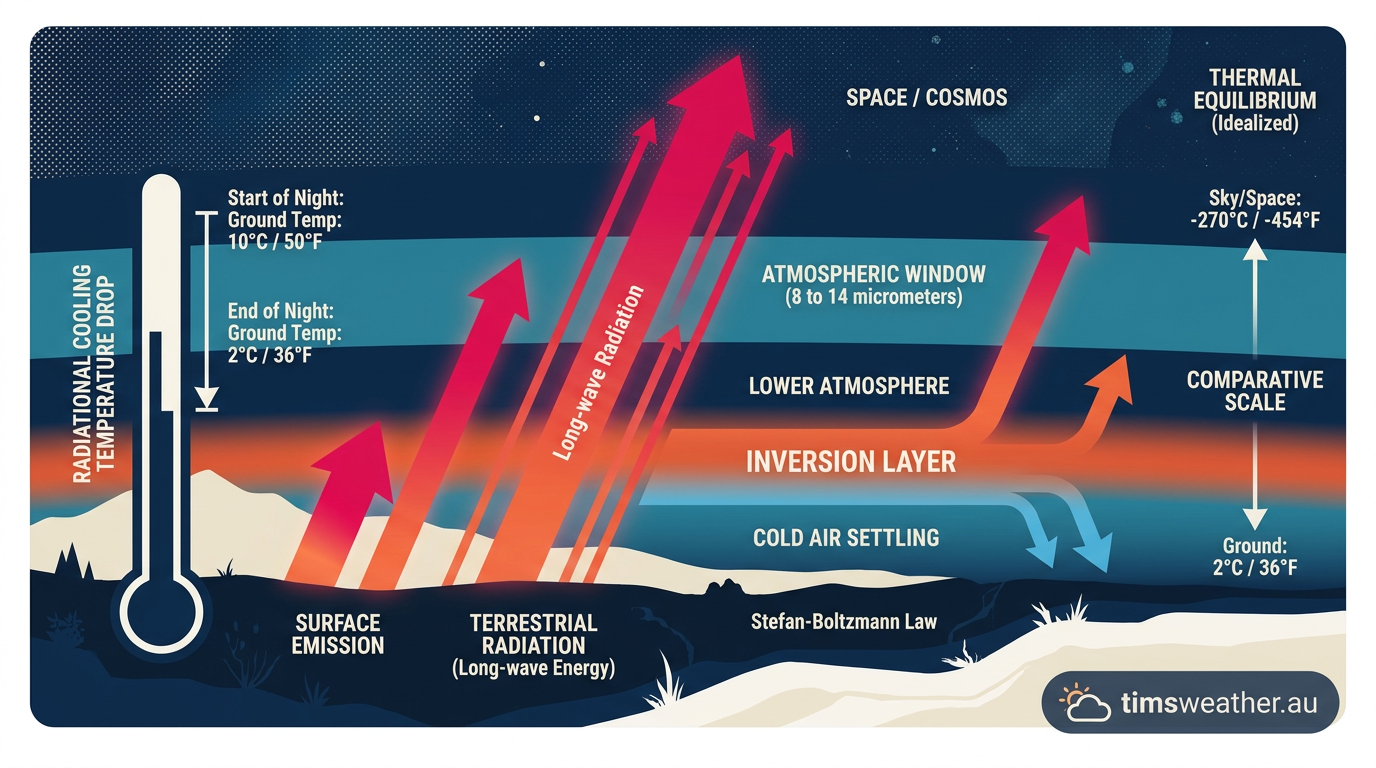 Diagram showing how radiation fog forms through long-wave heat loss under clear night skies.