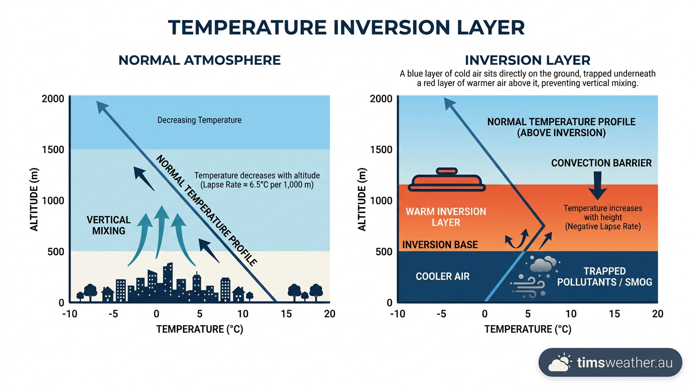 Diagram of a temperature inversion trapping cold saturated air near the surface.