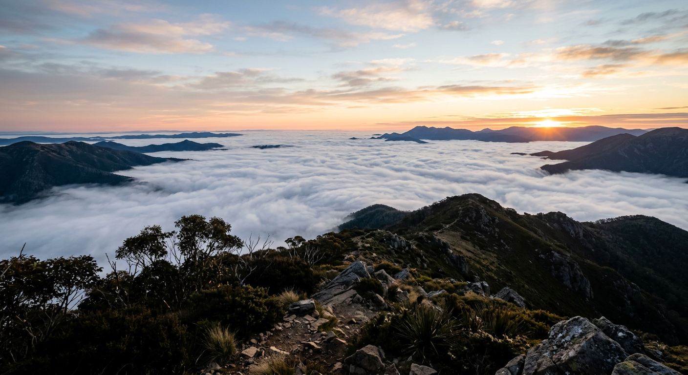 Thick radiation fog pooled in a valley catchment area at sunrise.