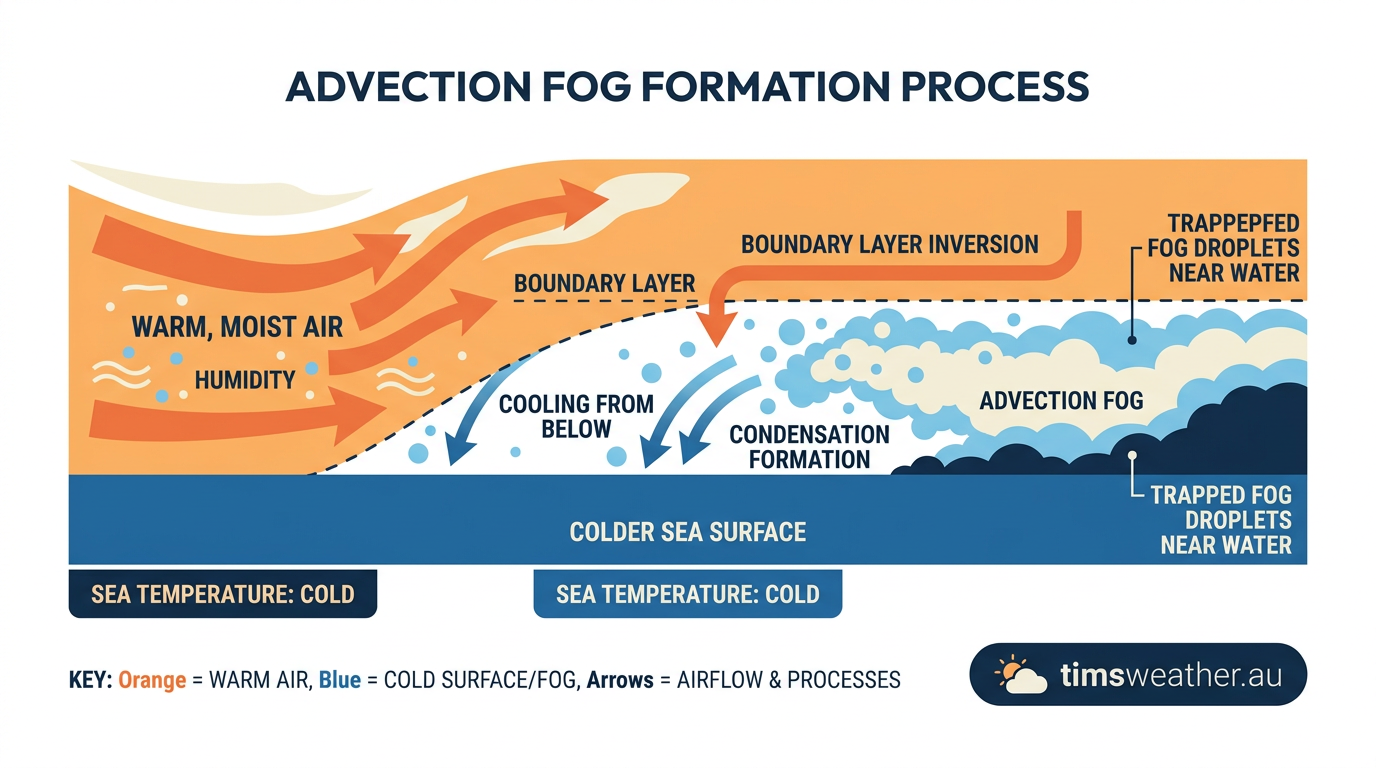 Diagram explaining how does sea fog form through advection over a cold sea surface.