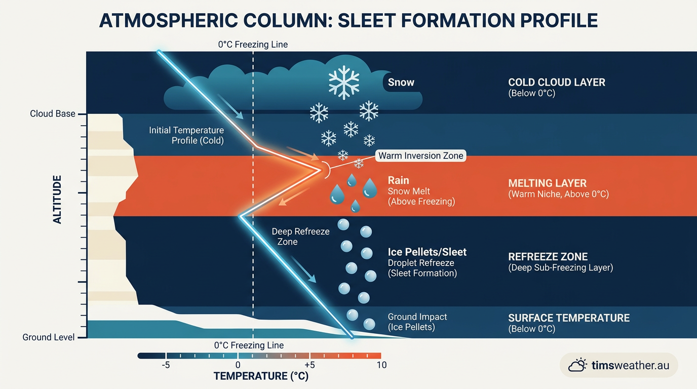 Atmospheric temperature profile diagram showing the formation of sleet through warm and cold layers.
