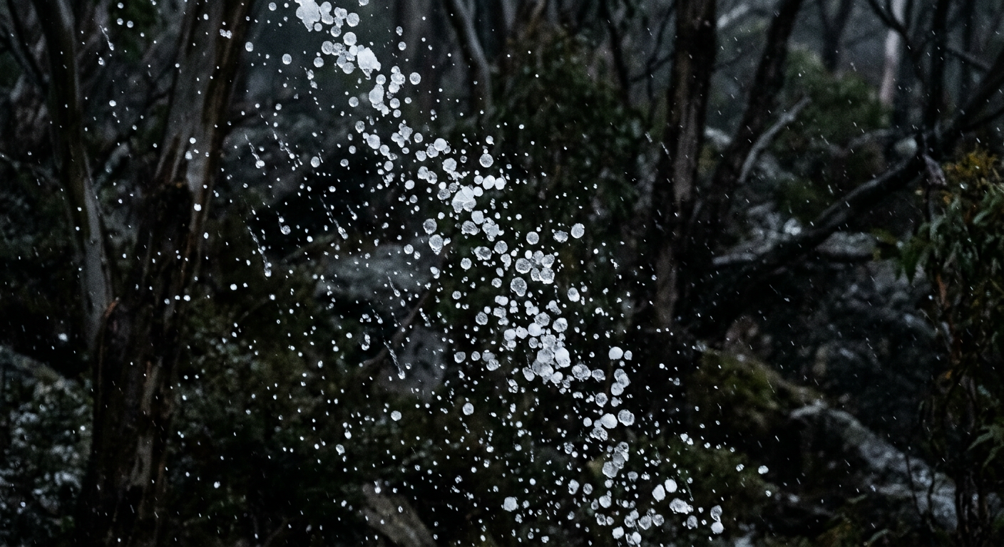 Close-up of small, translucent ice pellets falling rapidly against a dark winter sky.