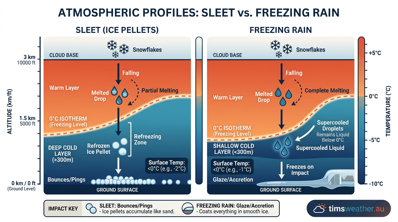 Comparison diagram showing the difference in cold layer depth between sleet and freezing rain formation.