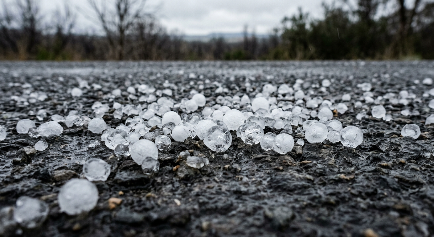 Macro photograph of accumulated ice pellets showing their spherical shape and translucent physical structure.