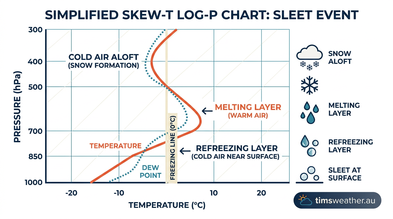 A meteorological Skew-T Log-P chart demonstrating the temperature inversion signature associated with sleet.